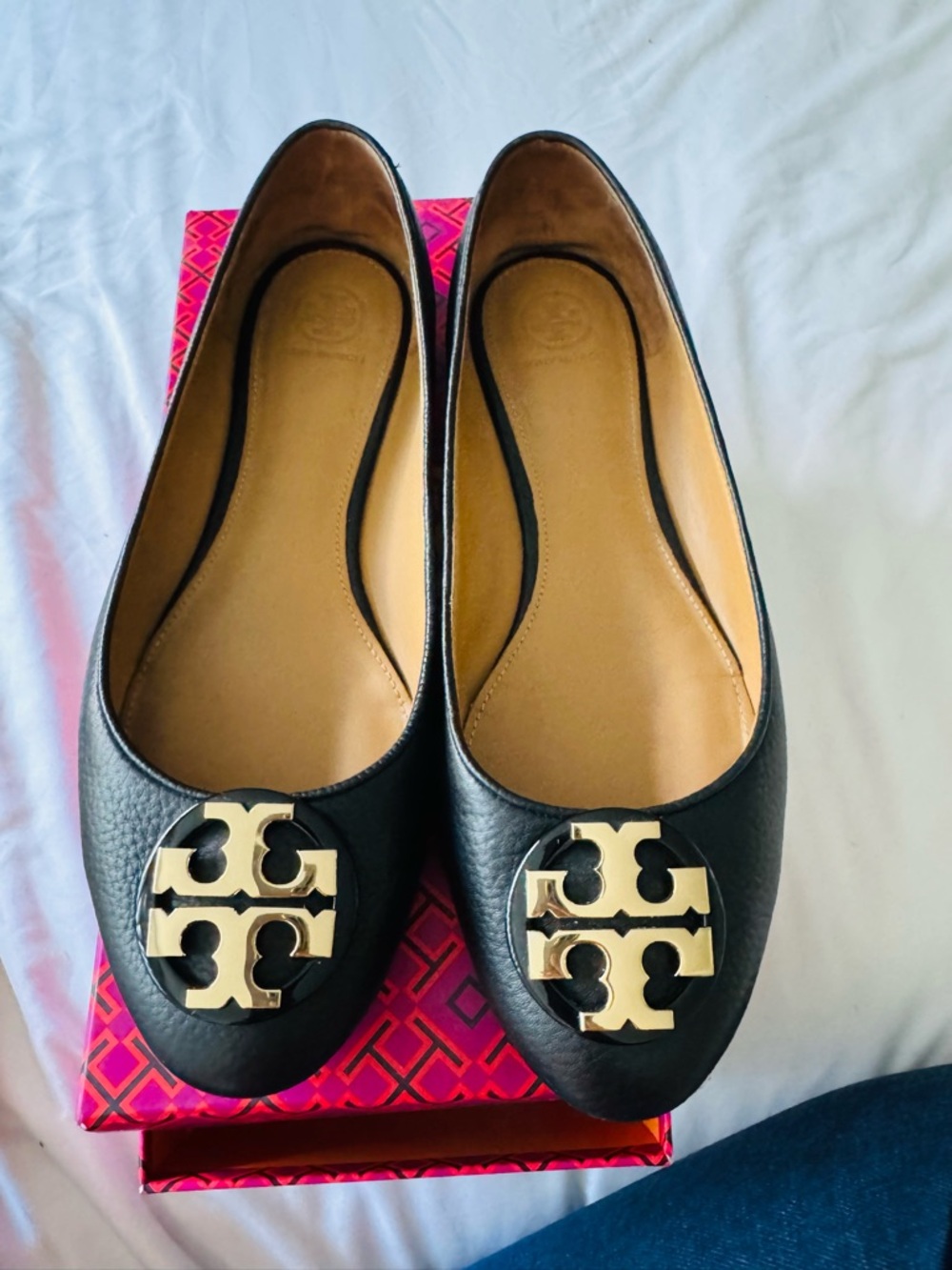Tory Burch Black Leather Ballet Flats with Gold Logo